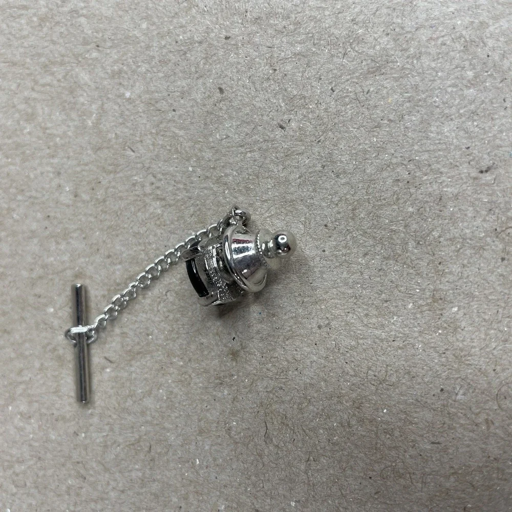 Vintage Black Stone Tie Tack Lapel Pin‎ Style Suit Accessory Silver Tone